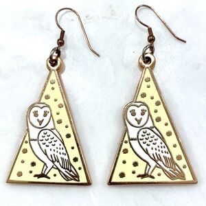 Gold-Tone Triangle Drop Earrings with White Owl Motif